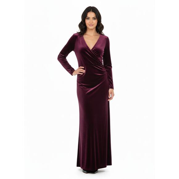 Eliza J Purple Velvet Long Sleeve Ruched Maxi Dress Gown Size 18 - Picture 1 of 8